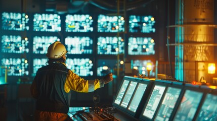 Obraz premium Engineer in protective gear monitors multiple screens in a dimly lit control room, indicating high-tech surveillance and data analysis.