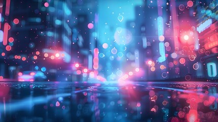 Fototapeta premium Futuristic city with neon signs and bokeh effect, beautiful mind visuals