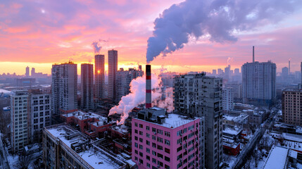 Obraz premium Vibrant Cityscape at Sunset with Dramatic Clouds and Skyscrapers