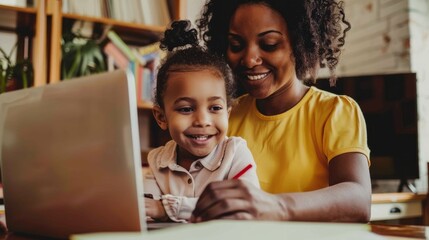 Obraz premium A mother in a yellow shirt guides her young daughter while they work together on a laptop, sharing a moment of learning in a cozy home environment.