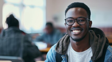 Obraz premium A young man with glasses smiles confidently in a brightly-lit library, symbolizing academic achievement and enthusiasm for learning.