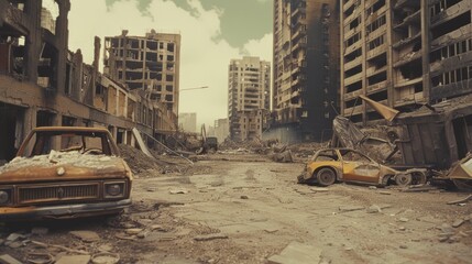 Fototapeta premium An abandoned urban street with deteriorating buildings and wrecked cars under an overcast sky, conveying a scene of desolation and decay.