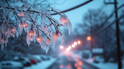 Ice storm covering trees and power lines with a layer of ice, freezing weather, dangerous beauty