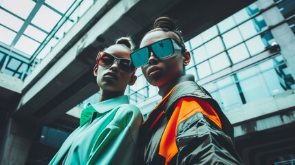 Two fashionable individuals wearing oversized sunglasses stand confidently beneath a modern glass structure, exuding an air of sleek urban elegance.