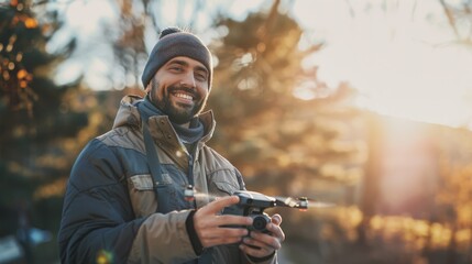 Fototapeta premium A man joyfully flies a drone, bathed in the golden hues of a sunny, winter afternoon, against a backdrop of bare trees and soft sunlight.