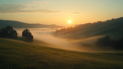 Sunrise breaking through morning fog over rolling hills, foggy weather, peaceful dawn