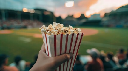 In a nostalgic baseball scene at dusk, a hand holds a classic striped popcorn container, lending a timeless charm to the moment.