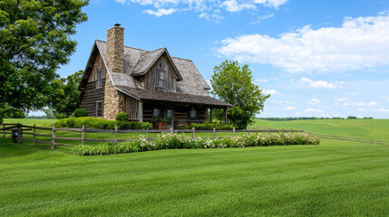 Obraz premium Rustic Farmhouse Nestled in Lush Green Countryside Landscape