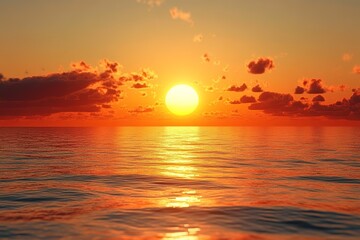 Obraz premium Golden sunset over a calm sea, clear weather, warm glow on the horizon