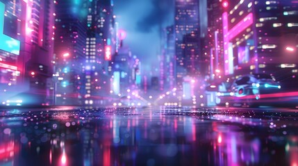 Fototapeta premium Abstract urban landscape with neon colors and bokeh effect, futuristic visuals