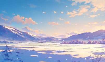 Obraz premium Enchanting Anime-Style Japanese Winter Landscape: Snowy Mountains Under Radiant Sky. Serene Cartoon Scenery with Gentle Snowfall, Perfect for Holiday Marketing and Cultural Themes. Elegant Minimalist 