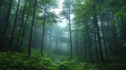 Morning mist rolling through a dense forest, foggy weather, mysterious ambiance