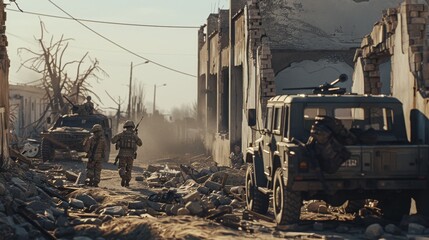 Fototapeta premium Soldiers walk through a war-torn city with armored vehicles and debris littering the streets, depicting the harsh realities of conflict.