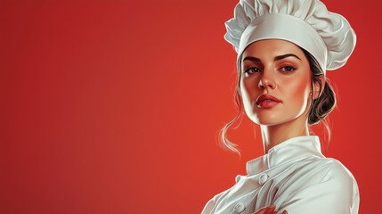 Portrait of a confident female chef in white chef attire and hat on a red background. Her facial expression exudes professionalism and determination
