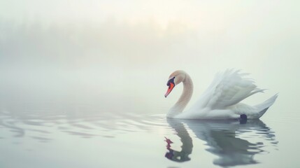 Fototapeta premium A serene swan gracefully swims on a misty lake, its elegant reflection mirrored on the calm, glassy water, evoking tranquility.