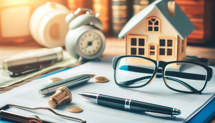 Glasses and pen on a document with a house model in the background, symbolizing real estate planning 