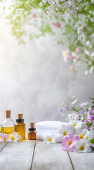 Spa setting with a soft focus on white towels and essential oil bottles surrounded by blooming flowers, creating a tranquil and rejuvenating ambiance for relaxation and holistic self-care.