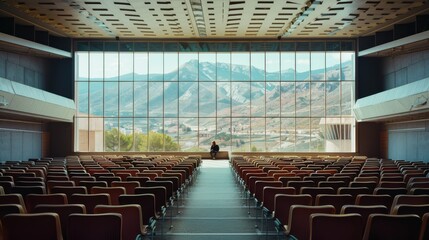 Obraz premium An empty, modern lecture hall with rows of chairs facing a stage, featuring a panoramic window with spectacular mountain views in the background.
