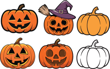 Halloween pumpkin vector illustration set, Jack O Lantern isolated on white background. Scary orange picture with eyes.