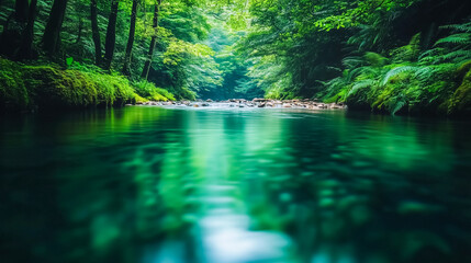 Obraz premium Idyllic forest pool with clear water surrounded by lush greenery and rocky outcrops, perfect for serene relaxation, nature meditation, and tranquil moments away from the bustle of daily life.