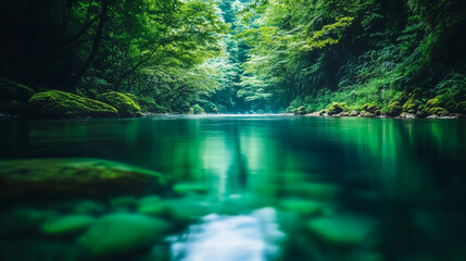 Idyllic forest pool with clear water surrounded by lush greenery and rocky outcrops, perfect for serene relaxation, nature meditation, and tranquil moments away from the bustle of daily life.