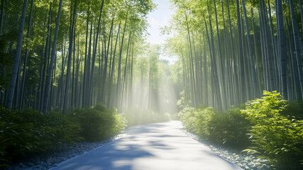 Fototapeta premium Serene bamboo path bathed in sunlight leading into the forest, enveloped by towering bamboo trees, perfect for tranquil walks and meditative journeys through lush greenery and quietude.
