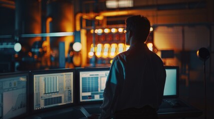 Fototapeta premium A silhouetted figure stands before multiple computer screens in a dimly lit control room, bathed in the glow of data and machinery.
