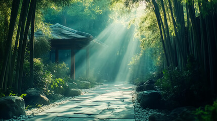 Enchanting forest pathway with sunlight streaming through dense green bamboo, creating an inviting and serene atmosphere perfect for nature lovers and tranquil outdoor explorations.