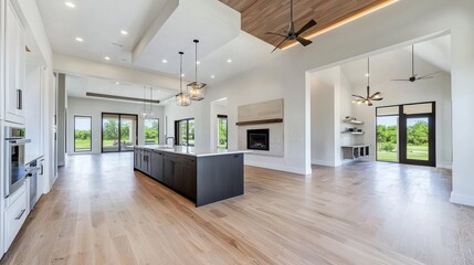 Obraz premium Spacious and Luxurious Modern Farmhouse-Style Open Concept Kitchen and Living Room with Wooden Accents