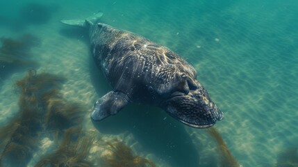 Fototapeta premium A massive whale glides through turquoise water, creating awe with its peaceful movement and the refraction of sunlight on its textured skin.