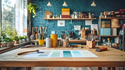 A well-organized home improvement workspace featuring a wooden table with tools like a hammer, measuring tape, and paint cans, surrounded by color swatches and renovation plans against a bright backdr
