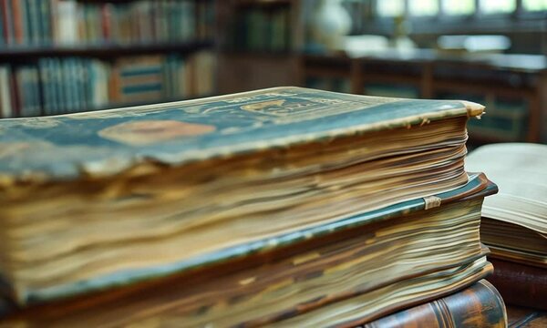 A stack of worn, ancient books is prominently displayed on a rustic table surrounded by the rich aroma of wood and age. Sunlight filters through dusty windows