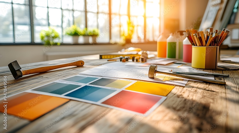 Wall mural A well-organized home improvement workspace featuring a wooden table with tools like a hammer, measuring tape, and paint cans, surrounded by color swatches and renovation plans against a bright backdr