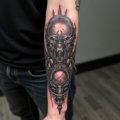 tattoo of portrait of a Alien with a mask on his arm