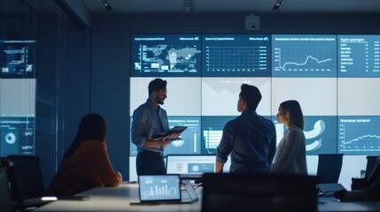 Professionals collaborate in a high-tech control room with multiple screens displaying data and analytics, indicating a bustling, modern work environment.