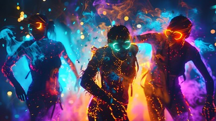 Fototapeta premium Rave dancers with neon paint, bokeh effect and beautiful mind style