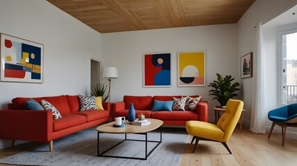 A cheerful living room with a Scandinavian design, playful elements like a bright red sofa, a blue armchair, and a yellow coffee table. white walls, wooden floors, and colorful geometric artwork