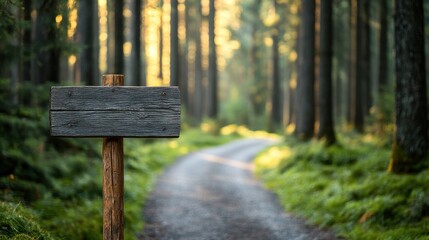 Rustic wooden signpost along a serene forest path at sunrise, surrounded by tall trees and lush greenery.