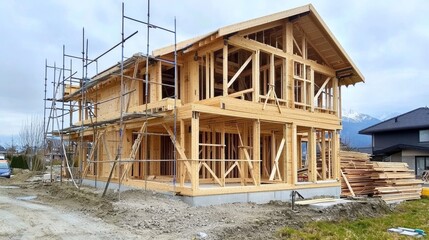 Wooden Framed Construction of a New Residential Building on a Construction Site