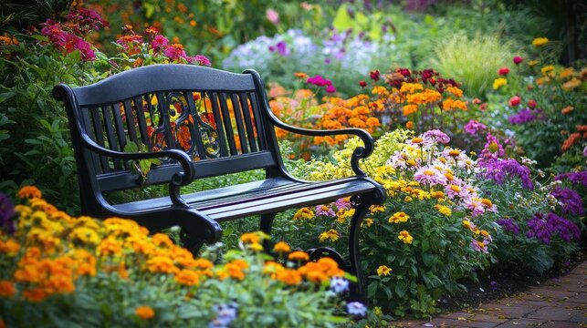 A garden bench nestled among blooming flowers, offering a tranquil spot to relax amidst the vibrant colors of the garden.