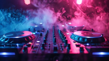 DJ Mixer Console with Smoke and Neon Lights