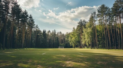 Obraz premium An empty soccer field surrounded by tall, dense trees under a blue sky dotted with clouds, creating a serene and peaceful atmosphere.