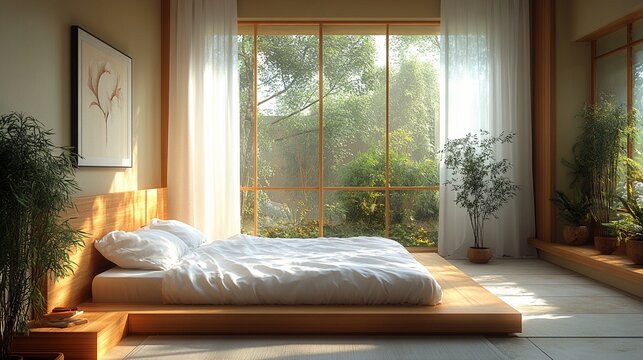 Comfortable bedroom with large window and wooden furniture - Powered by Adobe