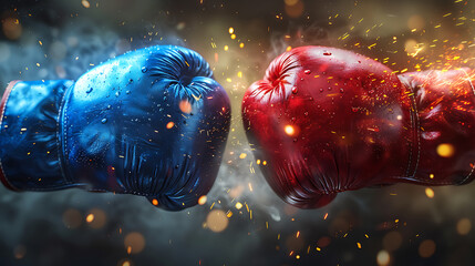 Red and blue boxing gloves are fighting.