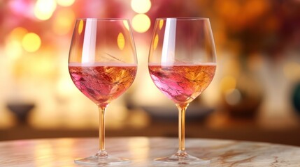 Two Glasses of Pink Wine on a Table with Blurred Lights