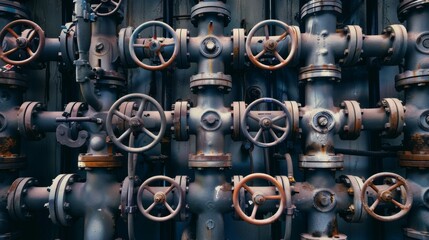Fototapeta premium An intricate network of industrial pipes with rusted valves, showcasing the craftsmanship and complexity of manufacturing.