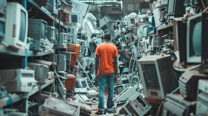 A man stands amidst a towering pile of outdated electronic waste, emphasizing the chaos and clutter of discarded technology.