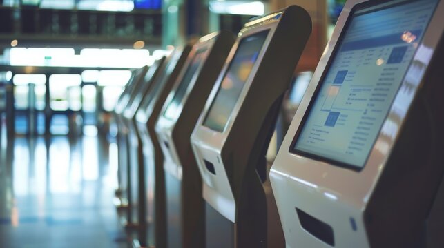A line of touch-screen kiosks stands ready for use in a bright, modern indoor space, reflecting the push towards automated, user-friendly public services.