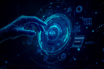 Obraz premium Hand with blue hologram, modern technology button on a digital background.