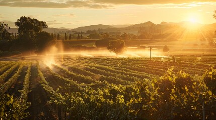 Golden Hour Glow Vibrant Irrigation on a Lush Farm